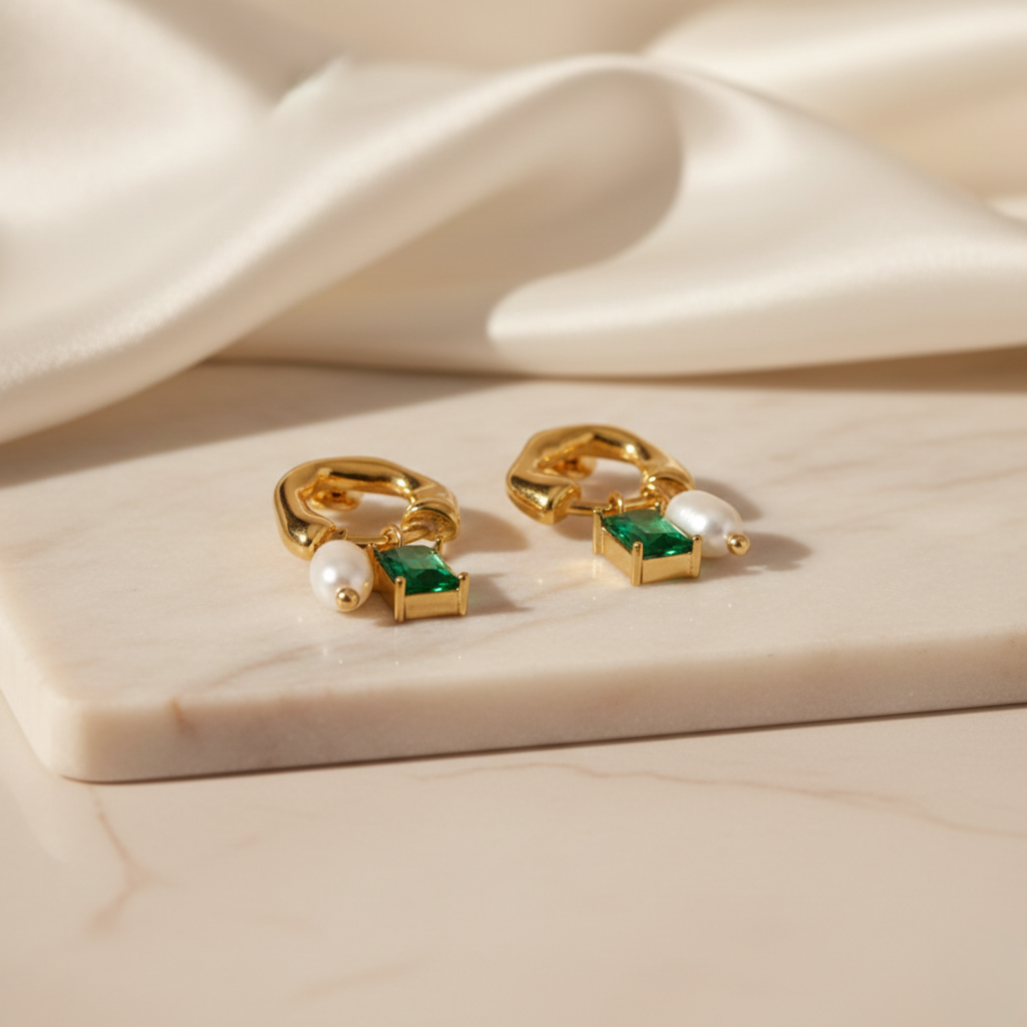 Emerald Pearl Charm Earrings