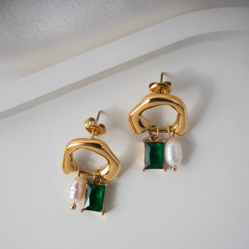 Emerald Pearl Charm Earrings